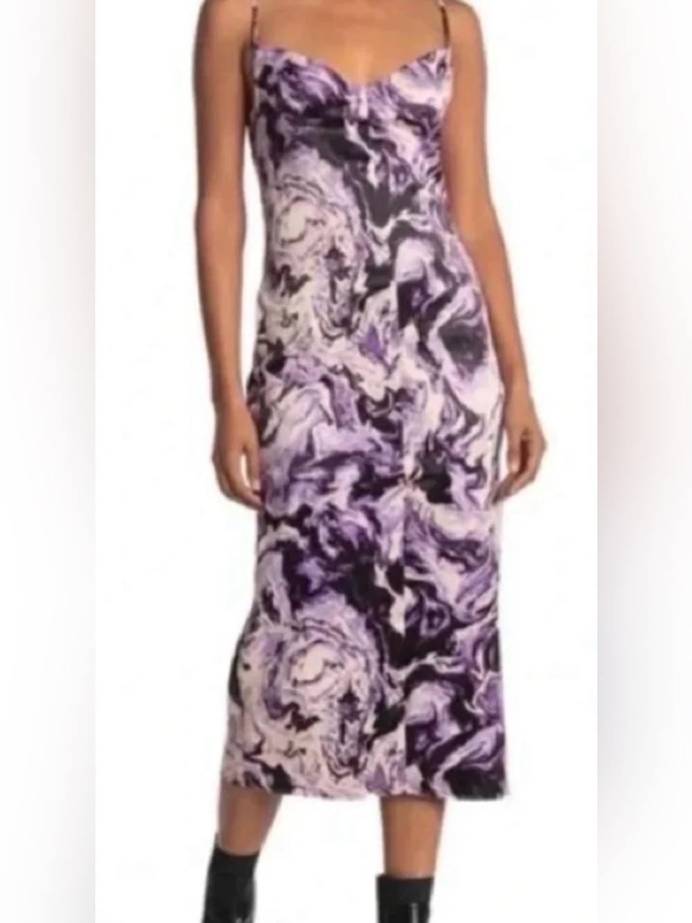 AFRM Katica Satin Midi Dress in a Lavender Swirl Marble Print